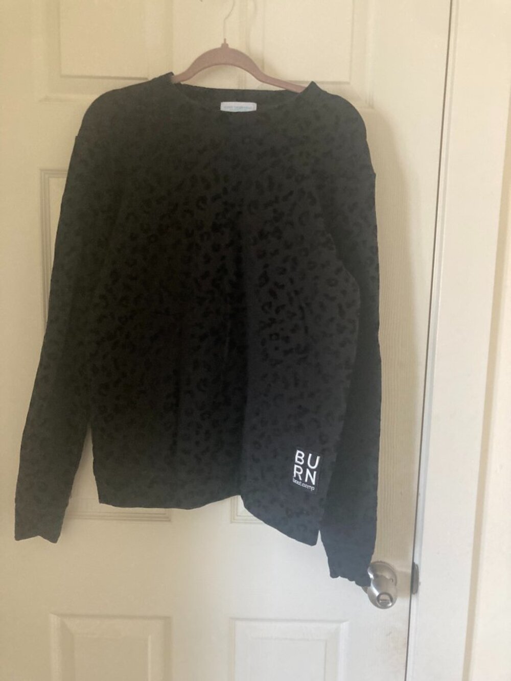 Burn Boot Camp Black Flocked Velvet Leopard Crewneck Sweatshirt Size S